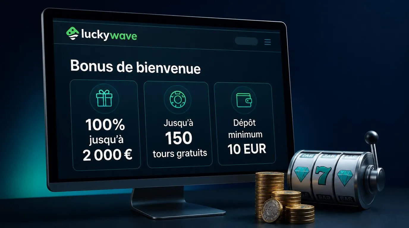 Carte de bonus affichant 100% jusquâĂ 2âŻ000 âŹ, jusquâĂ 150 tours gratuits et un dĂ©pĂŽt minimum de 10 EUR