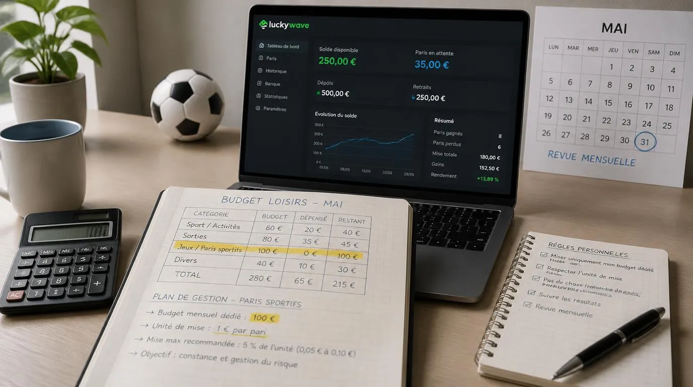 Carnet de budget sportif, calculatrice et écran de suivi des mises sur un bureau