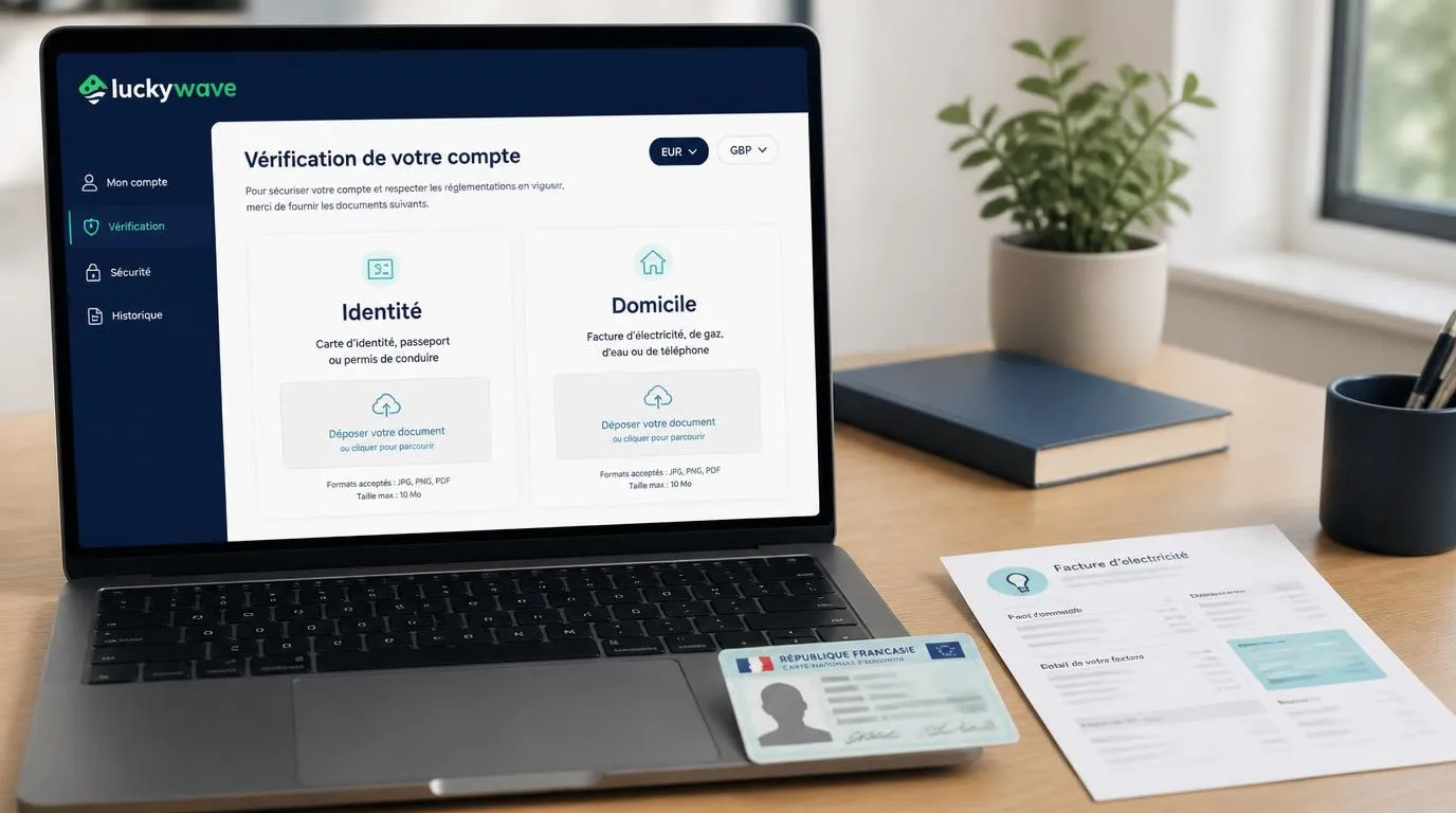 Interface de vérification du compte avec pièce d’identité et facture de domicile à transmettre