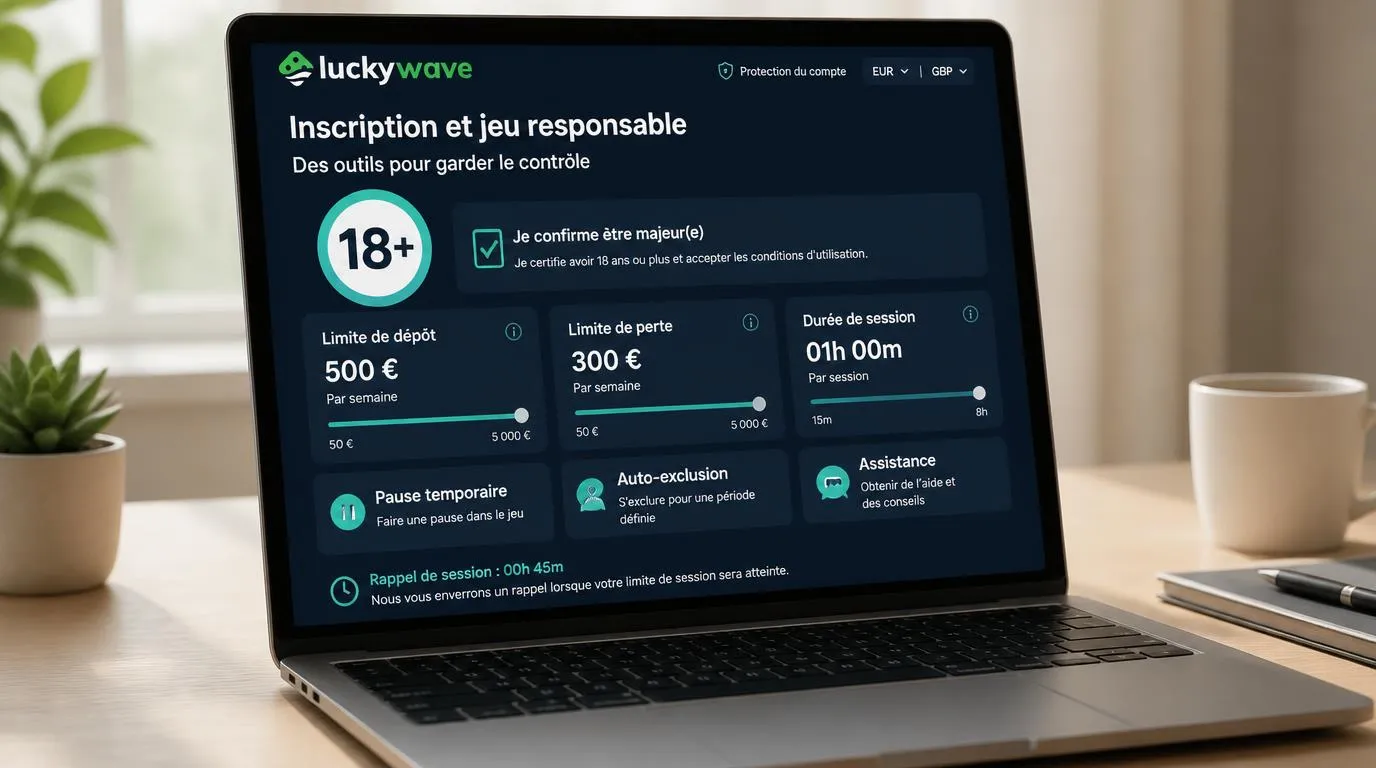 Interface de protection des joueurs avec accès réservé aux adultes, limites de jeu et bouton d’auto-exclusion