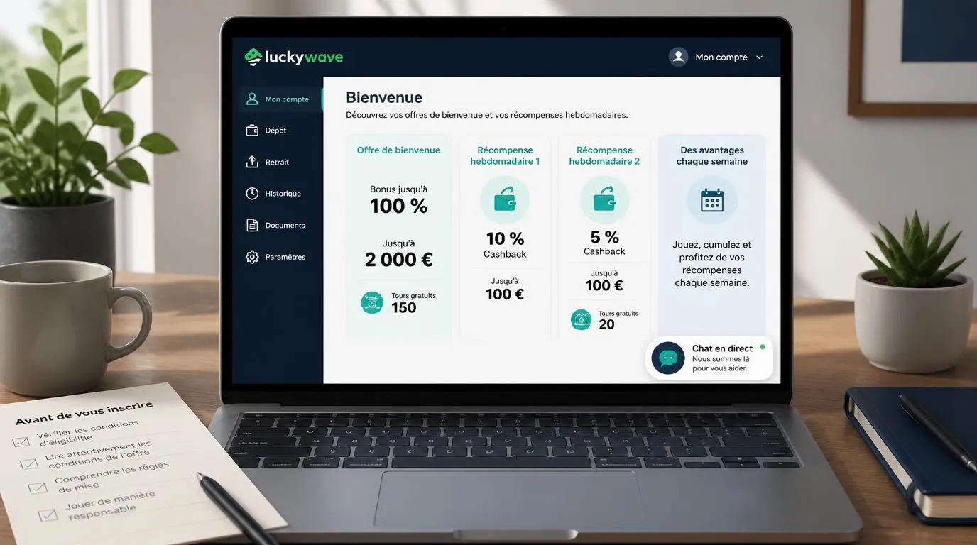 Interface de compte joueur présentant le bonus de bienvenue, deux offres de cashback et le chat en direct
