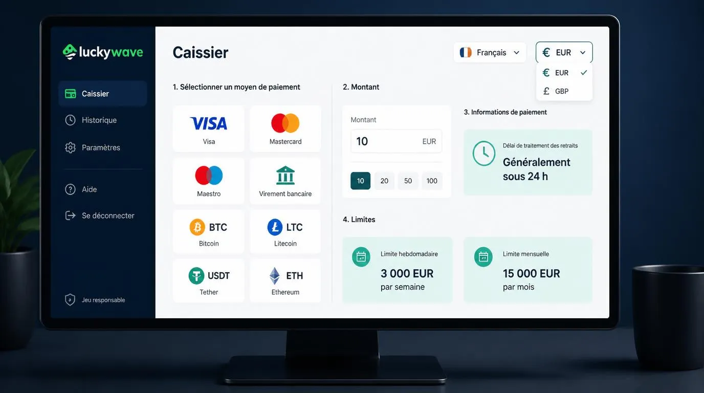 Interface de caisse en français avec cartes bancaires, cryptomonnaies et plafonds de retrait en euros