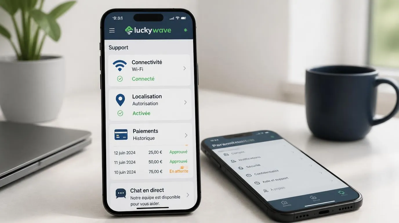 Téléphone affichant des réglages de connexion, de localisation et un historique de paiement mobile