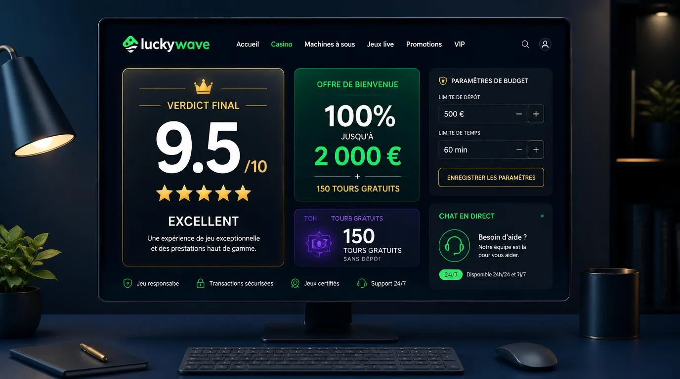 Interface de casino avec une note de 9,5 sur 10, une offre de bienvenue et un bouton de chat