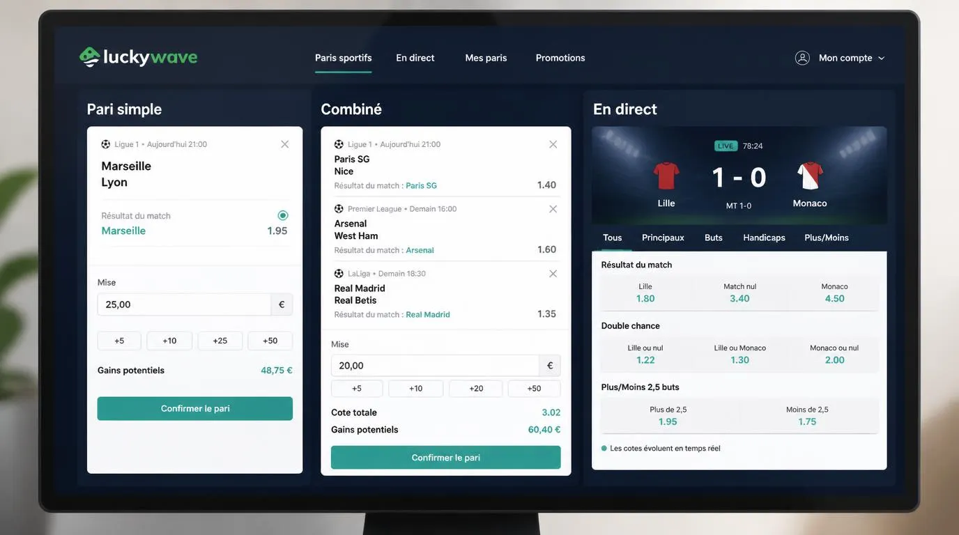 Interface de paris sportifs présentant un pari simple, un combiné et des cotes en direct