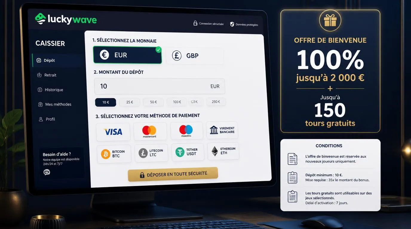 Interface de dépôt en EUR avec une offre de bienvenue de 100% jusqu’à 2 000 € et jusqu’à 150 tours gratuits