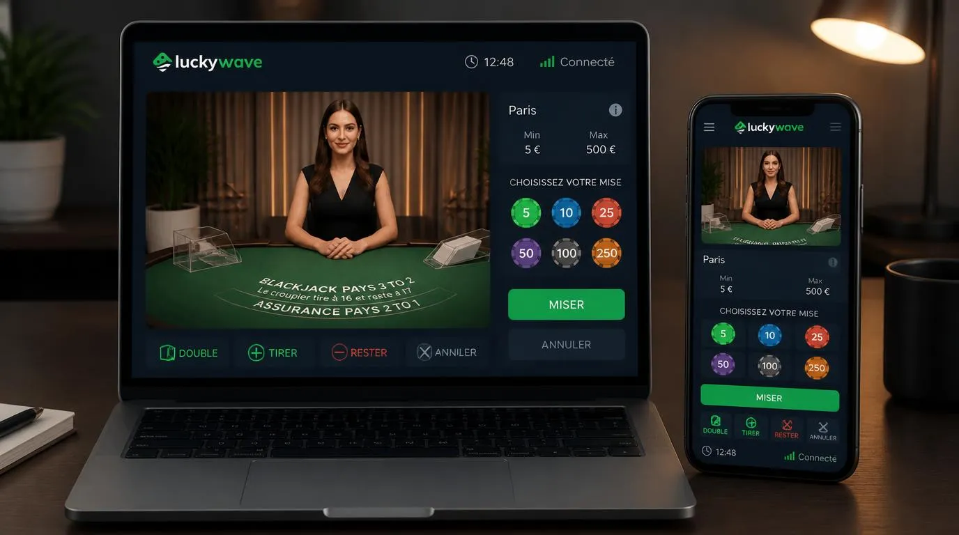 Table de casino en direct sur ordinateur et mobile, avec croupiĂšre et limites de mise visibles
