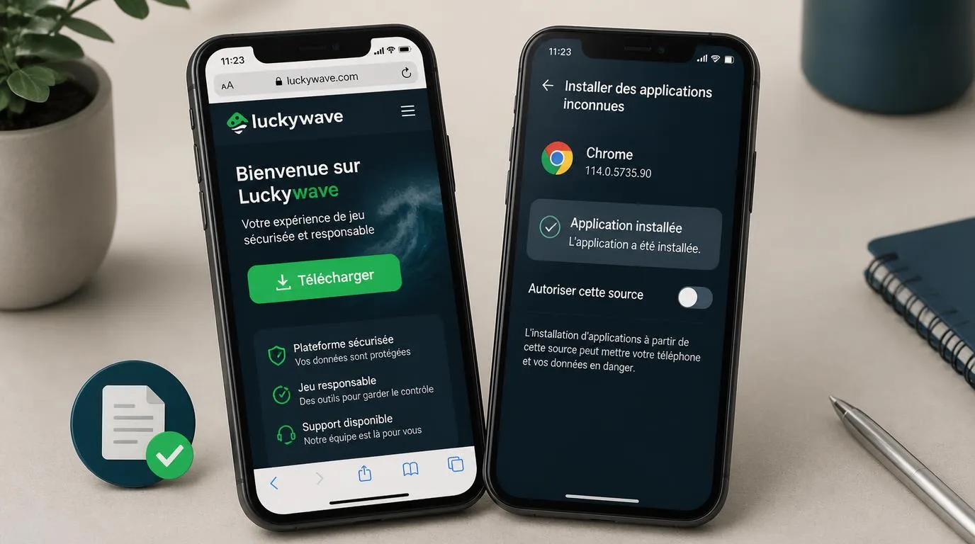 Smartphone affichant un téléchargement officiel et les réglages d’autorisation d’installation Android
