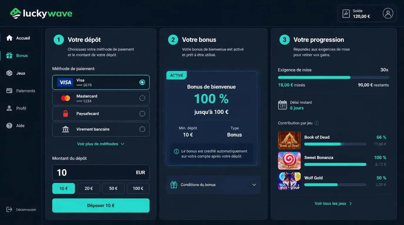Interface de bonus avec dépôt de 10 EUR, sélection du paiement et suivi des exigences de mise