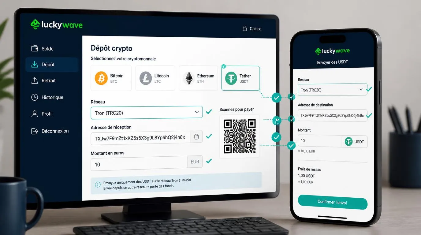 Interface de dépôt crypto avec choix du réseau, adresse de réception et vérification du montant en euros
