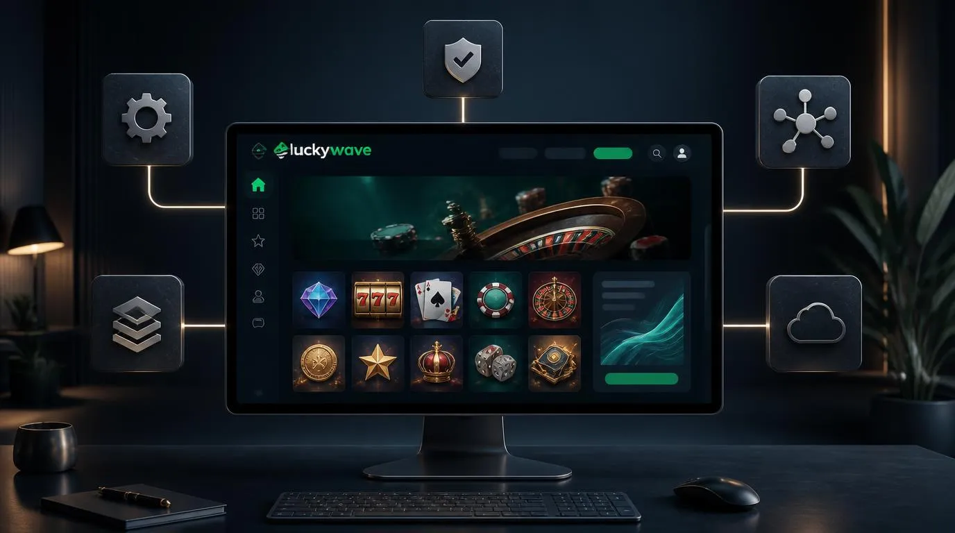 Interface de casino sur ordinateur avec catalogue de jeux et modules techniques reliés en arriÚre-plan
