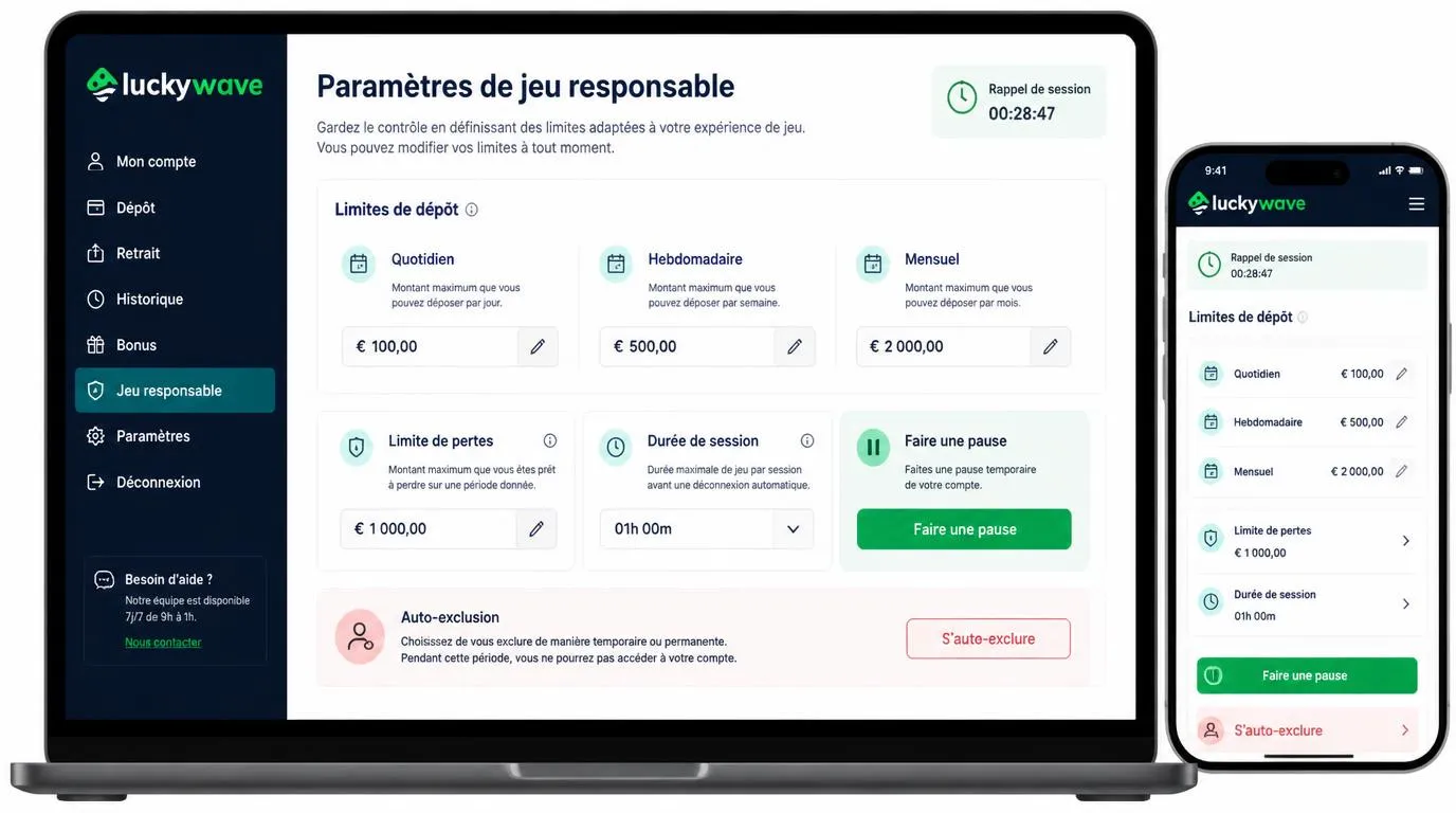 Interface de compte avec plafonds de dépôt quotidiens, hebdomadaires et mensuels et bouton de pause